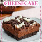 slice of death by chocolate cheesecake on a small plate.