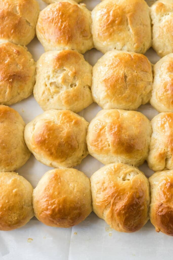 finished rolls on a parchment lined baking sheet.