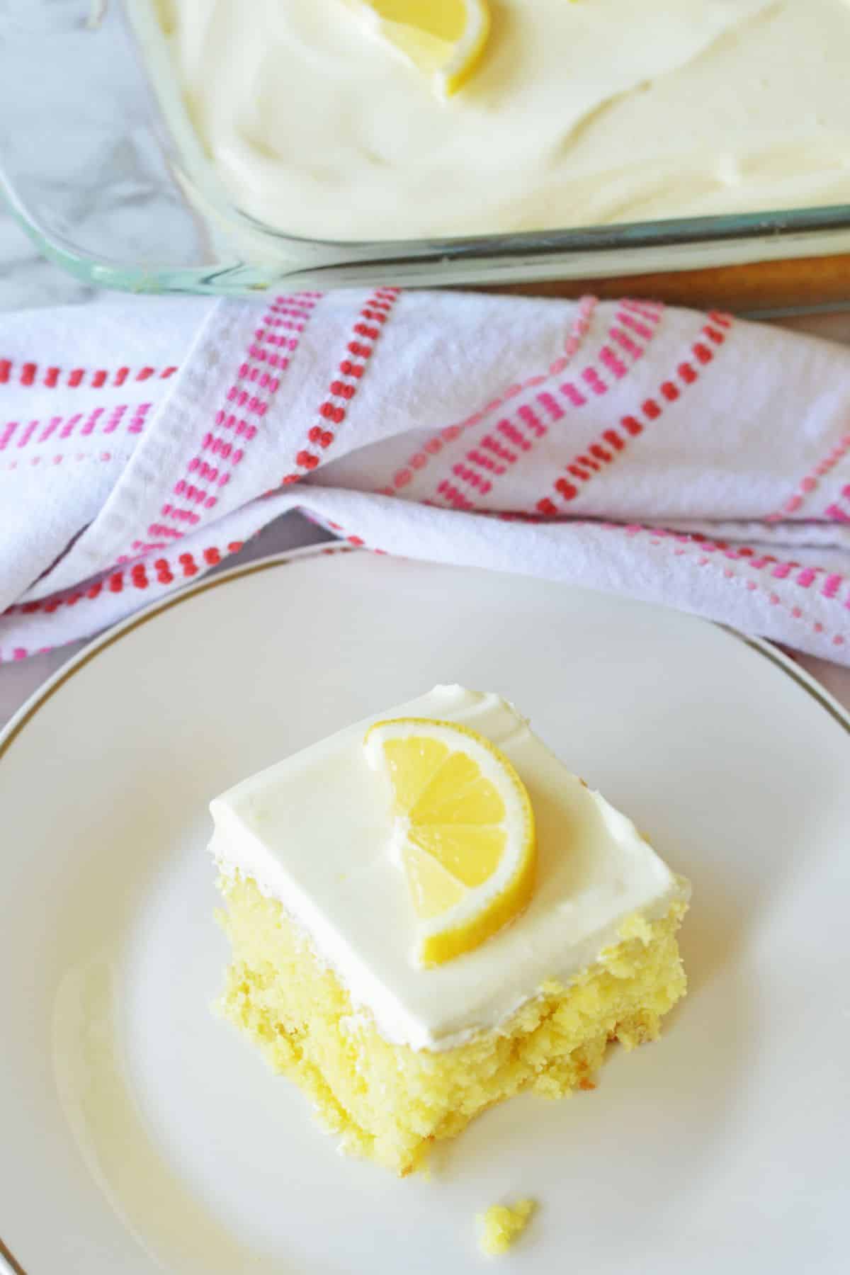 slice of lemon cake on a plate.
