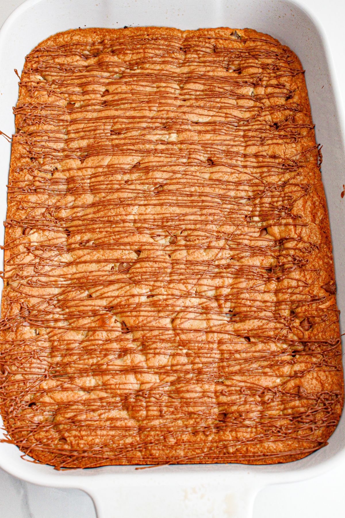 peanut butter cup cookie bars finished in a baking dish.