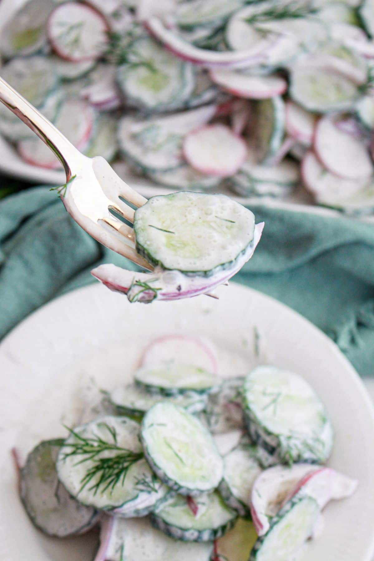 bite of radish cucumber on a fork held in the air.