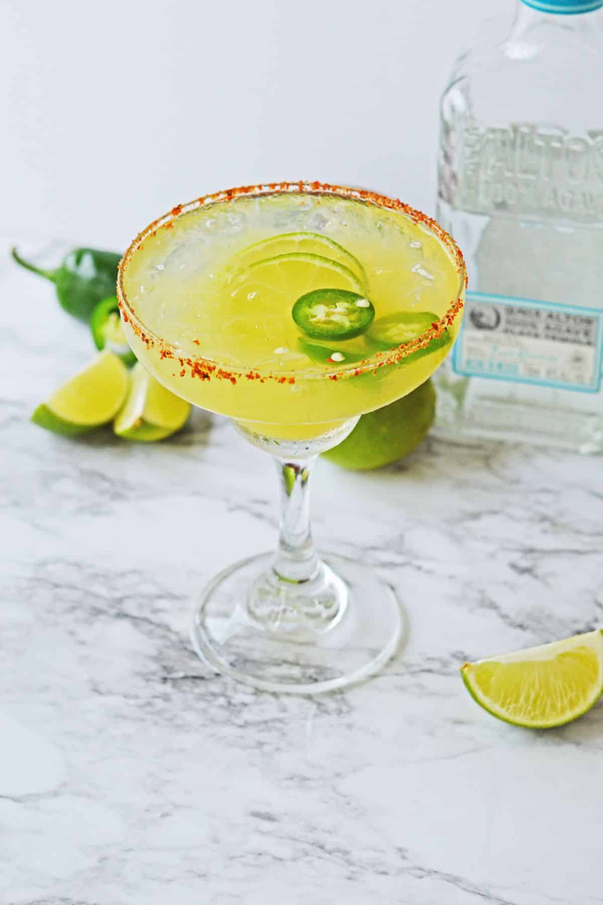 spicy mango margarita on a counter.