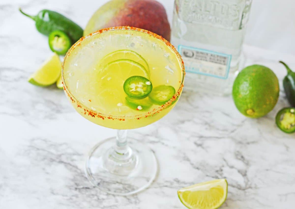 spicy mango margarita on a counter.