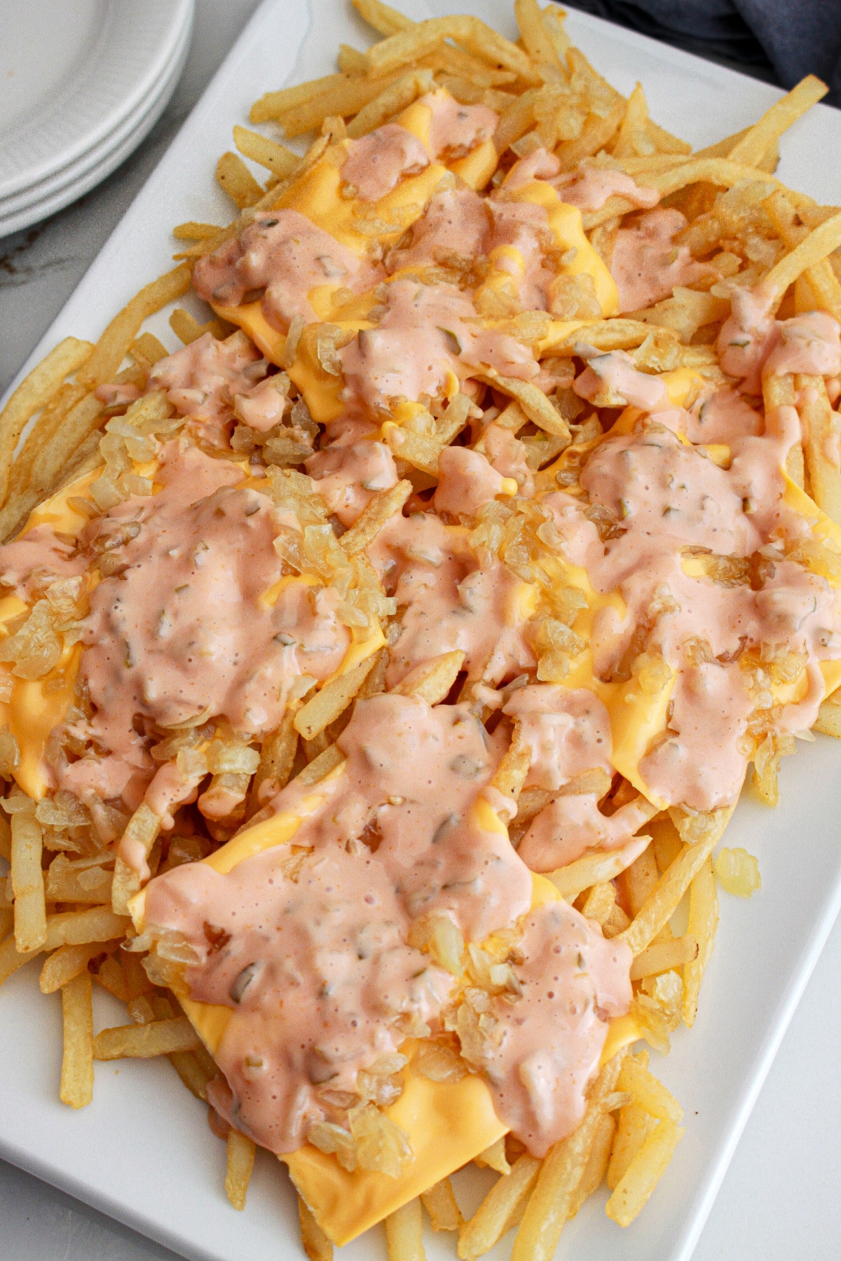 animal style french fries on a white platter.