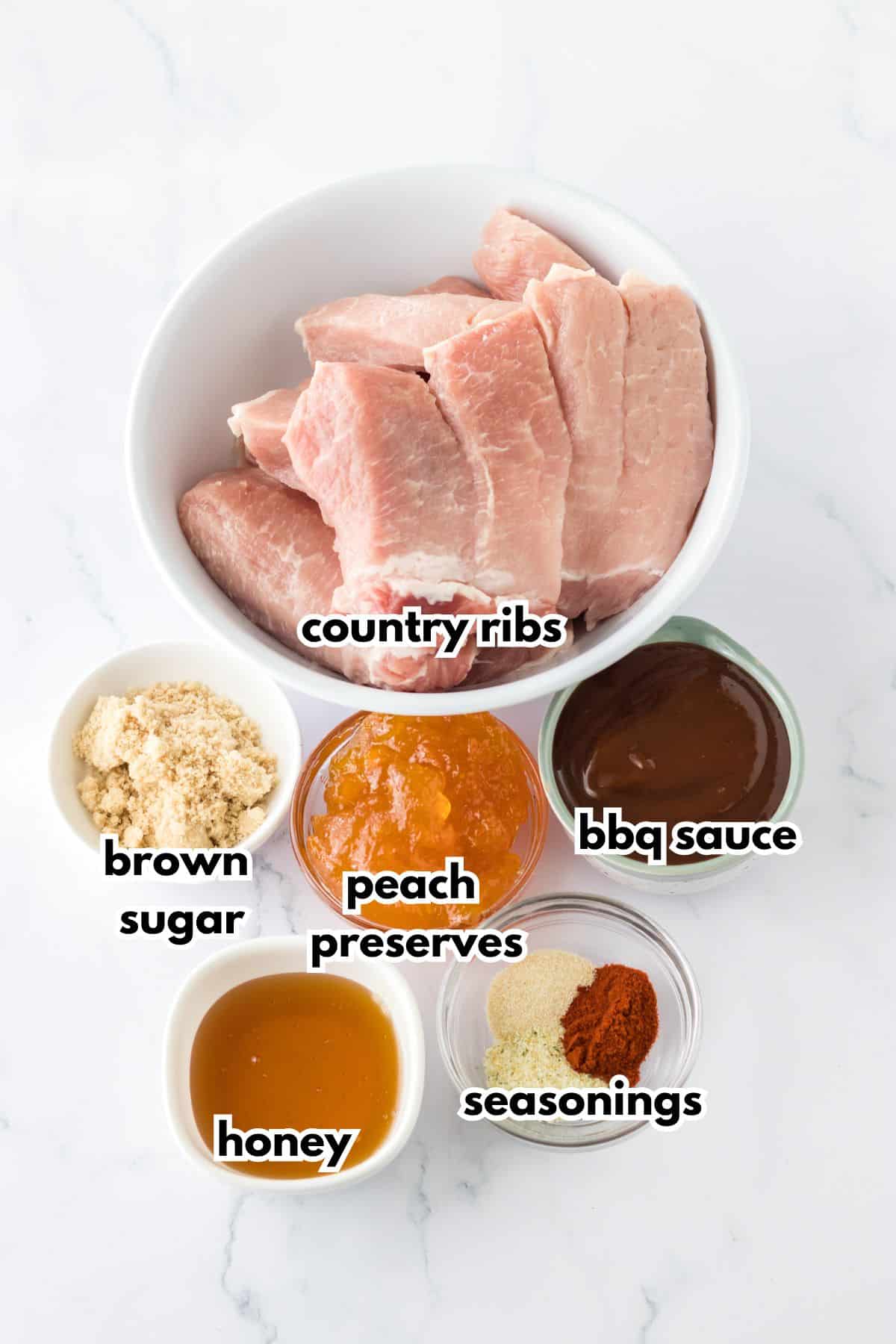 bowls of country ribs, brown sugar, peach preserves, bbq sauce, honey, and seasonings.