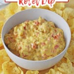 bowl full of cheese and rotel dip surrounded by tortilla chips.
