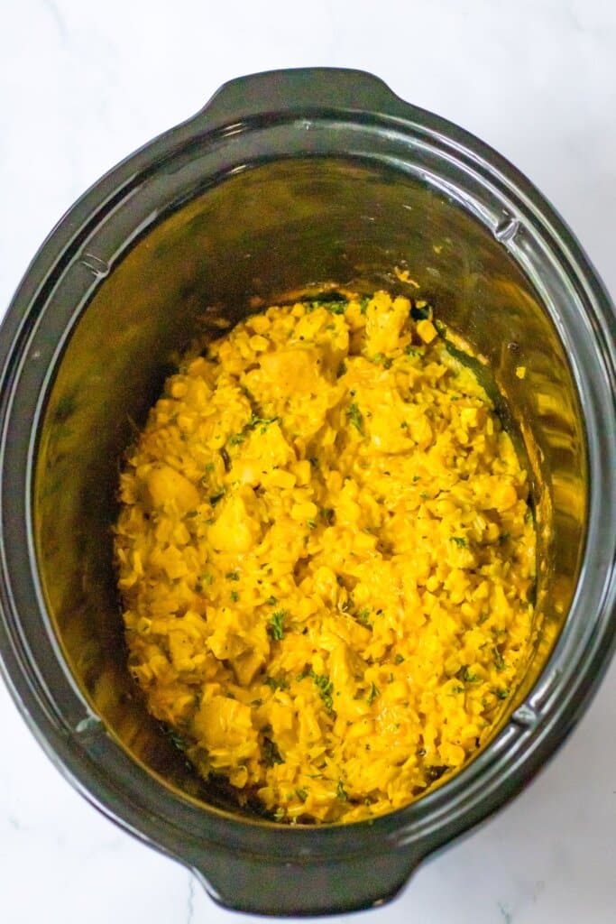 crockpot full of cheese chicken.