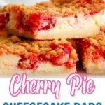 three cherry pie cheesecake bars stacked on a plate.