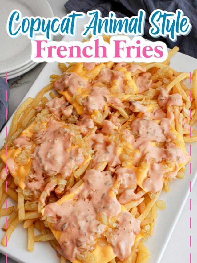 animal style french fries on a white platter.