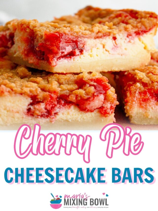 three cherry pie cheesecake bars stacked on a plate.