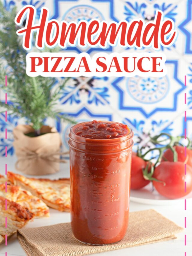 jar of homemade pizza sauce on a counter.