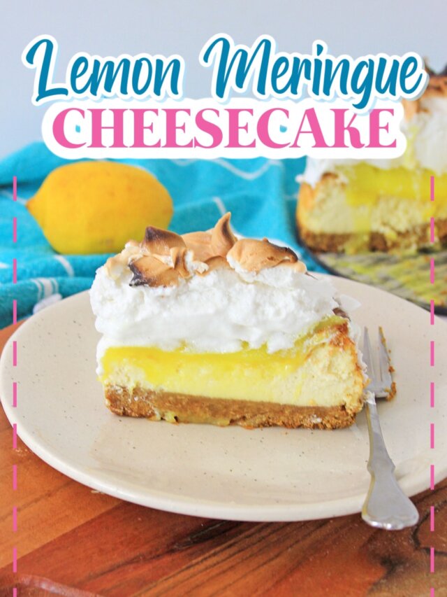 slice of lemon meringue cheesecake on a small plate with a fork.