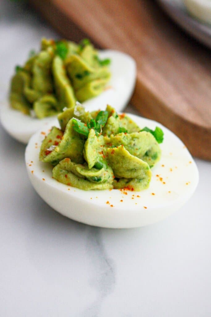 deviled eggs on a counter.