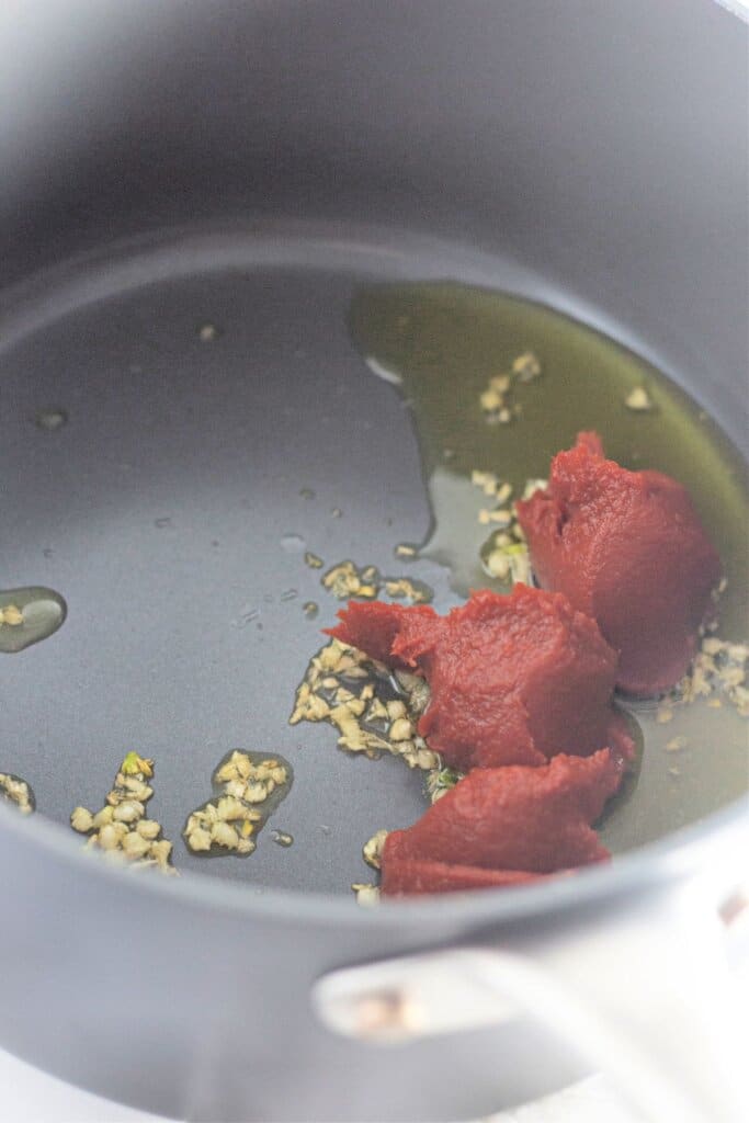 tomato paste, garlic, and oil in a saucepan.