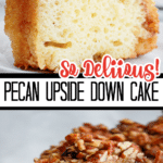 slice of pecan upside down cake on a plate.