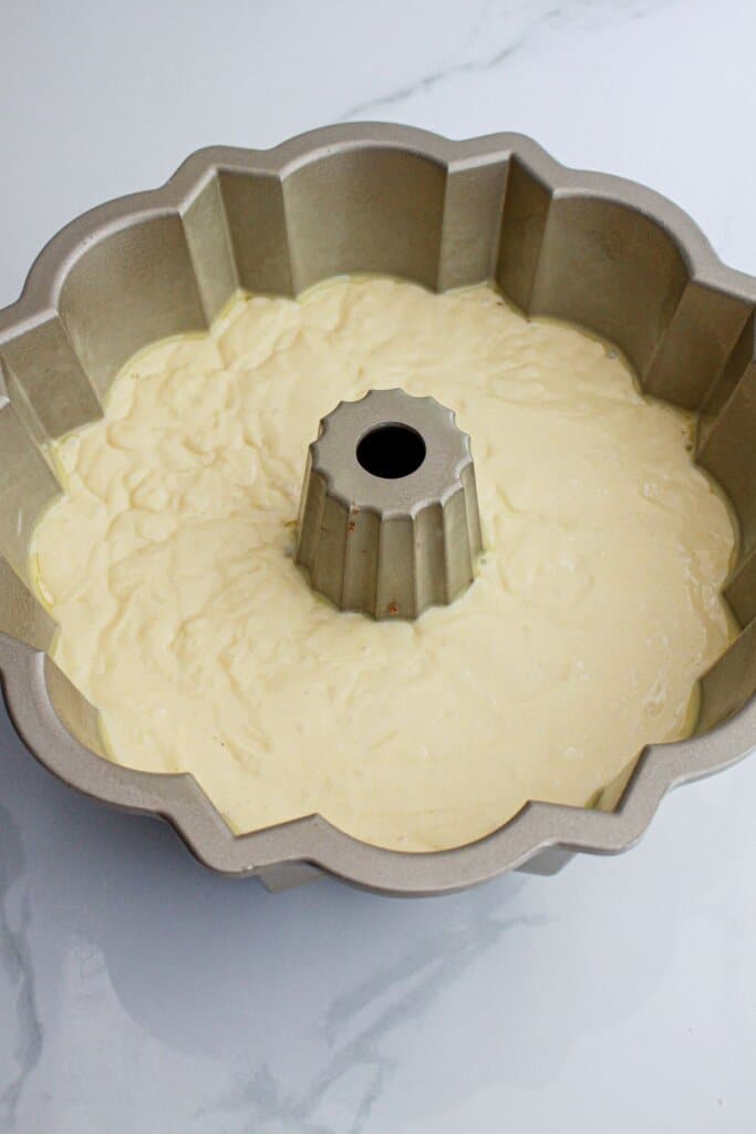 cake batter in a bundt cake pan ready for the oven.