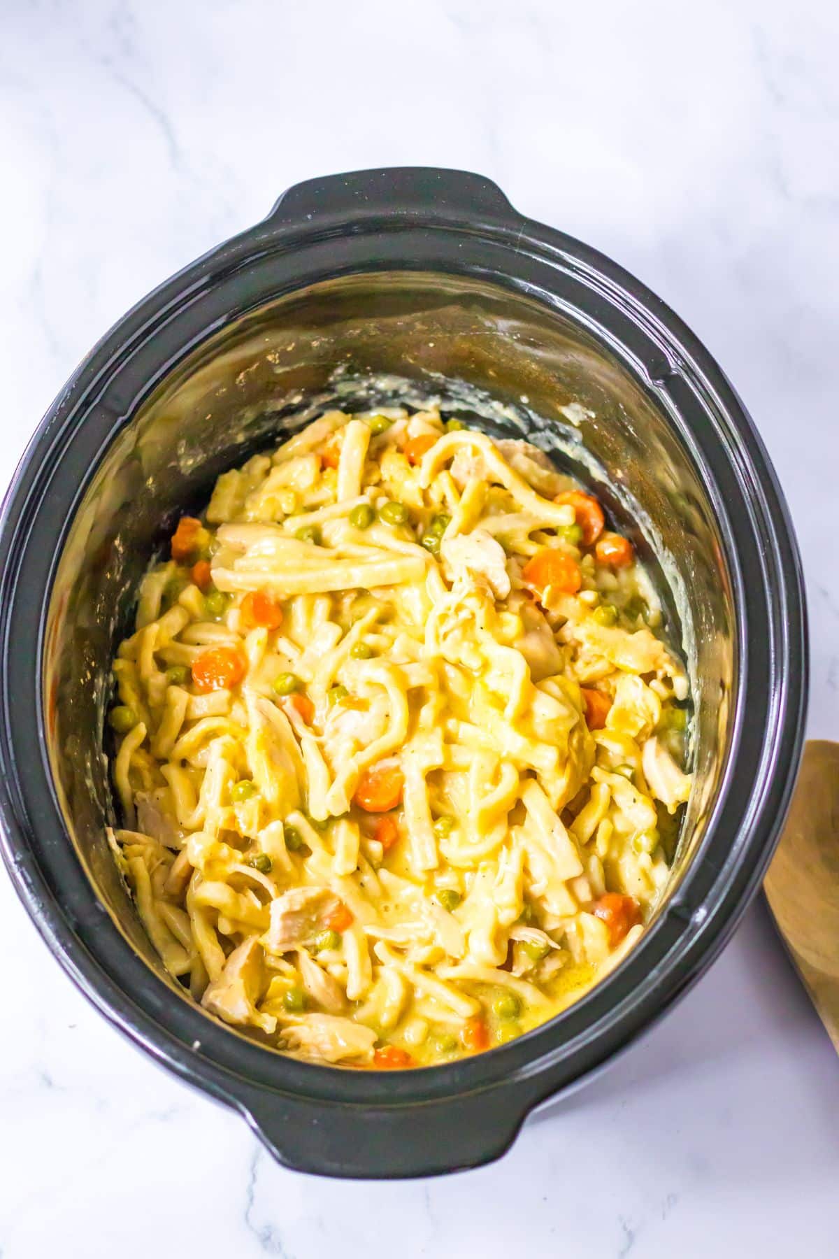 slow cooker chicken and noddles cooling in the crockpot.