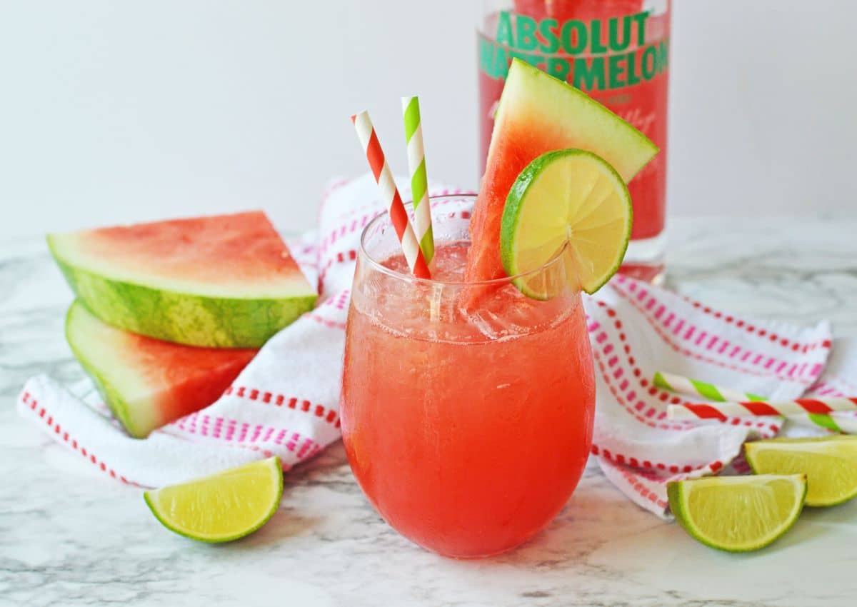 watermelon crush cocktail on a marble counter.