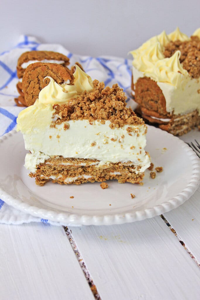 Oatmeal Creme Pie Cheesecake cake on white plate