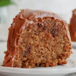 slice of chocolate espresso bundt cake on a plate.