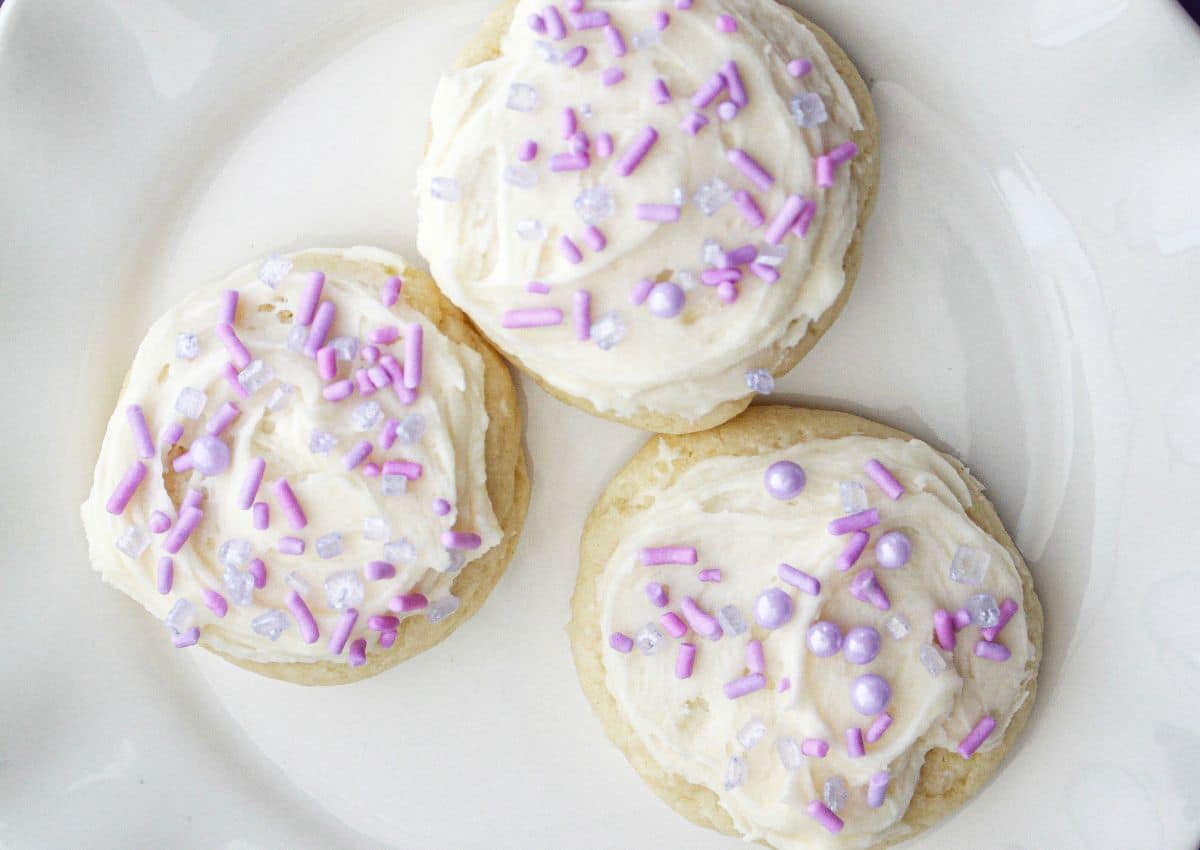 three copycat lofthouse cookies on a plate.