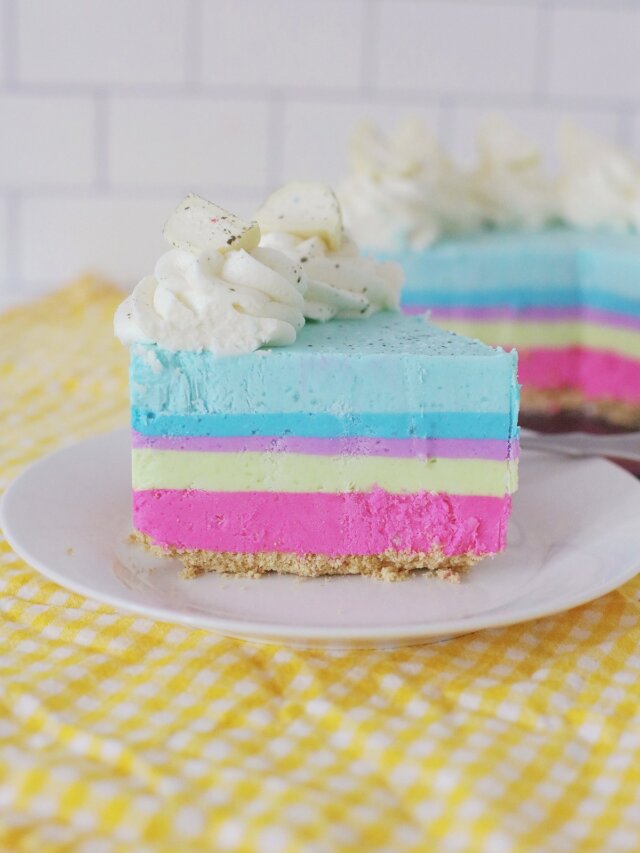slice of birthday cake cheesecake on a small plate.