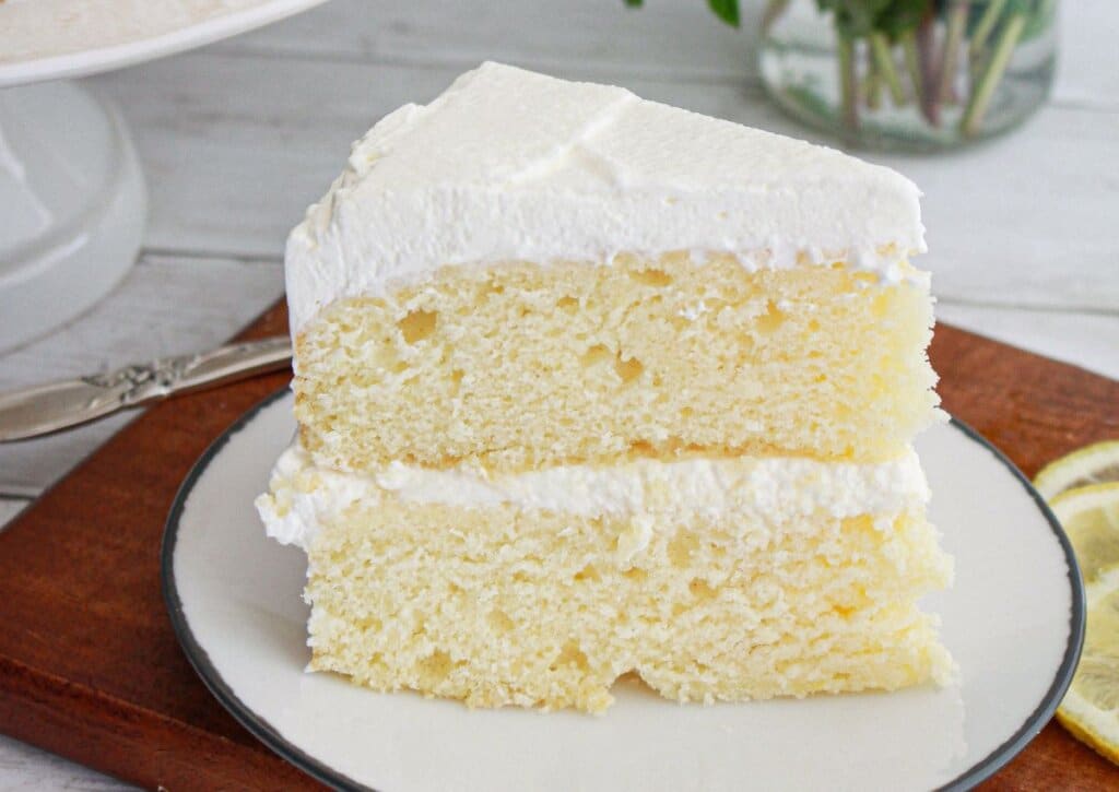 slice of italian lemon cream cake on a small plate.
