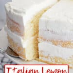 slice of italian lemon cream cake being cut with a cake server and removed from the cake.