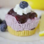 mini blueberry lemon cheesecake on a small plate with lemon slices and fresh blueberries.