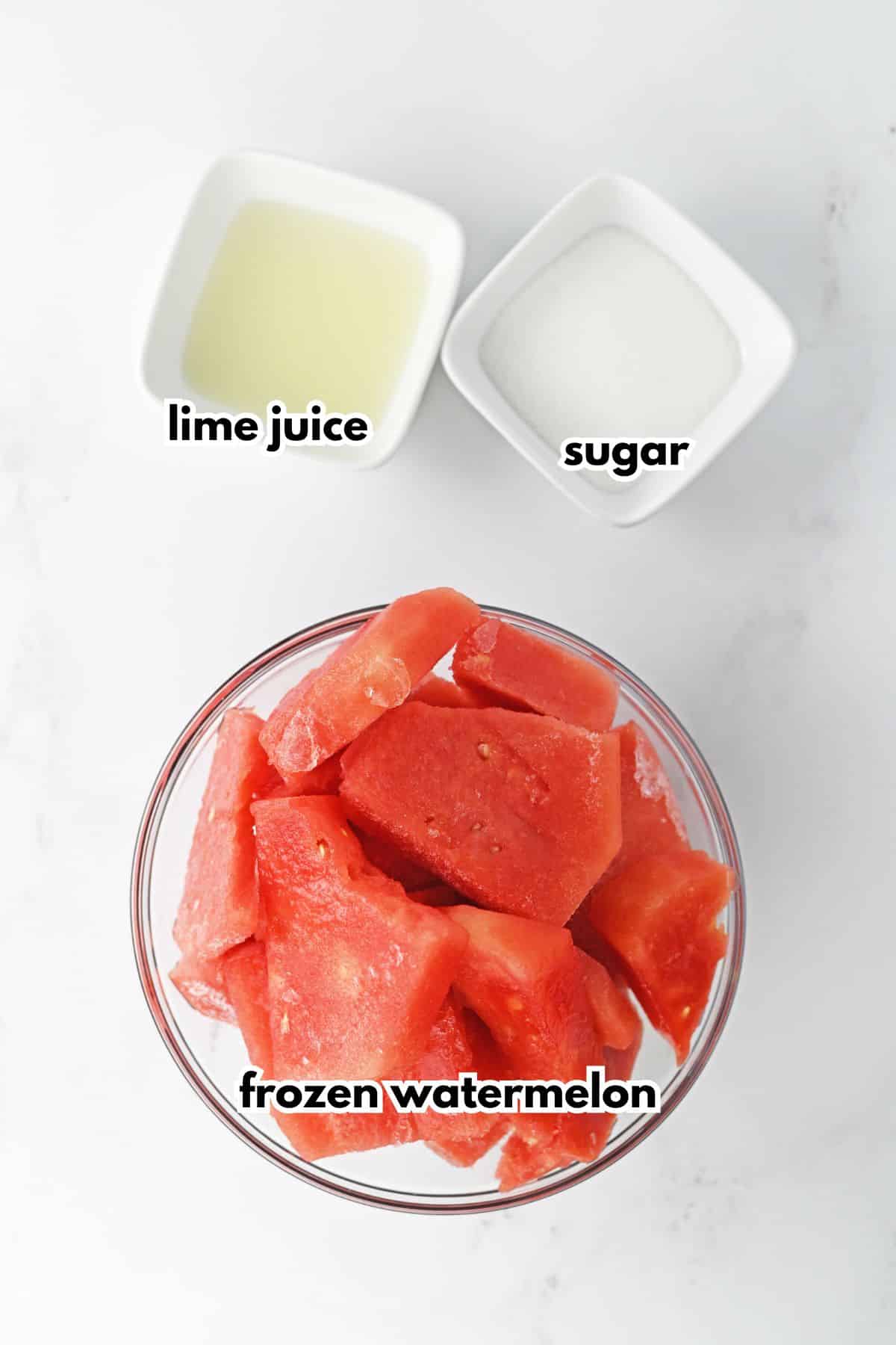 bowls of melon, lime juice, and sugar on a counter.