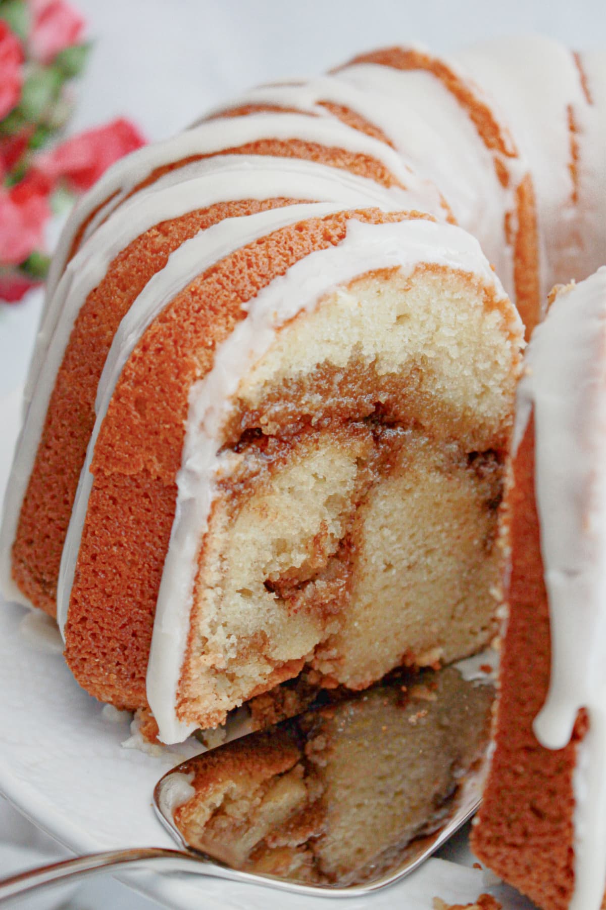 slice of coffee cake pound cake on small plate.