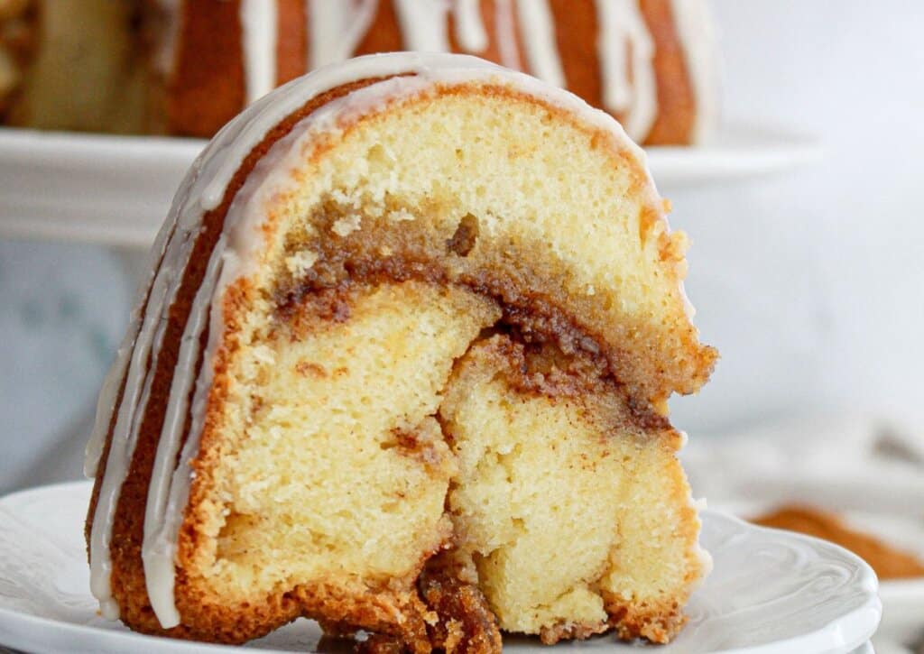 slice of coffee cake pound cake on small plate.