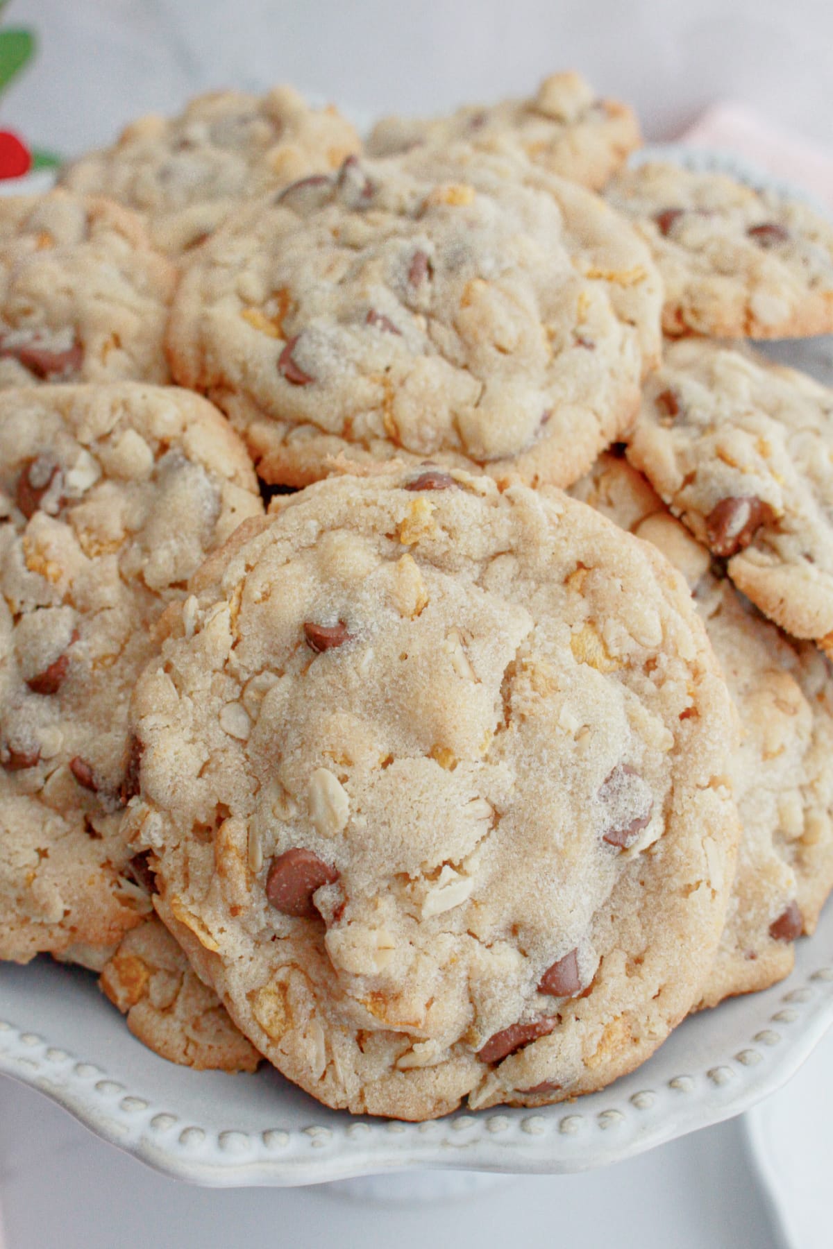 plate full of crunchy chocolate chip cookies.