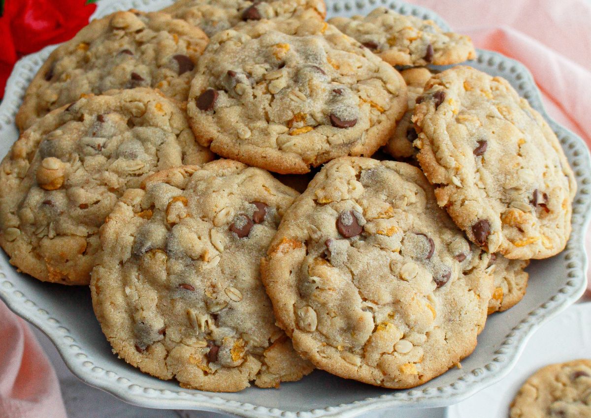 plate full of crunchy chocolate chip cookies.