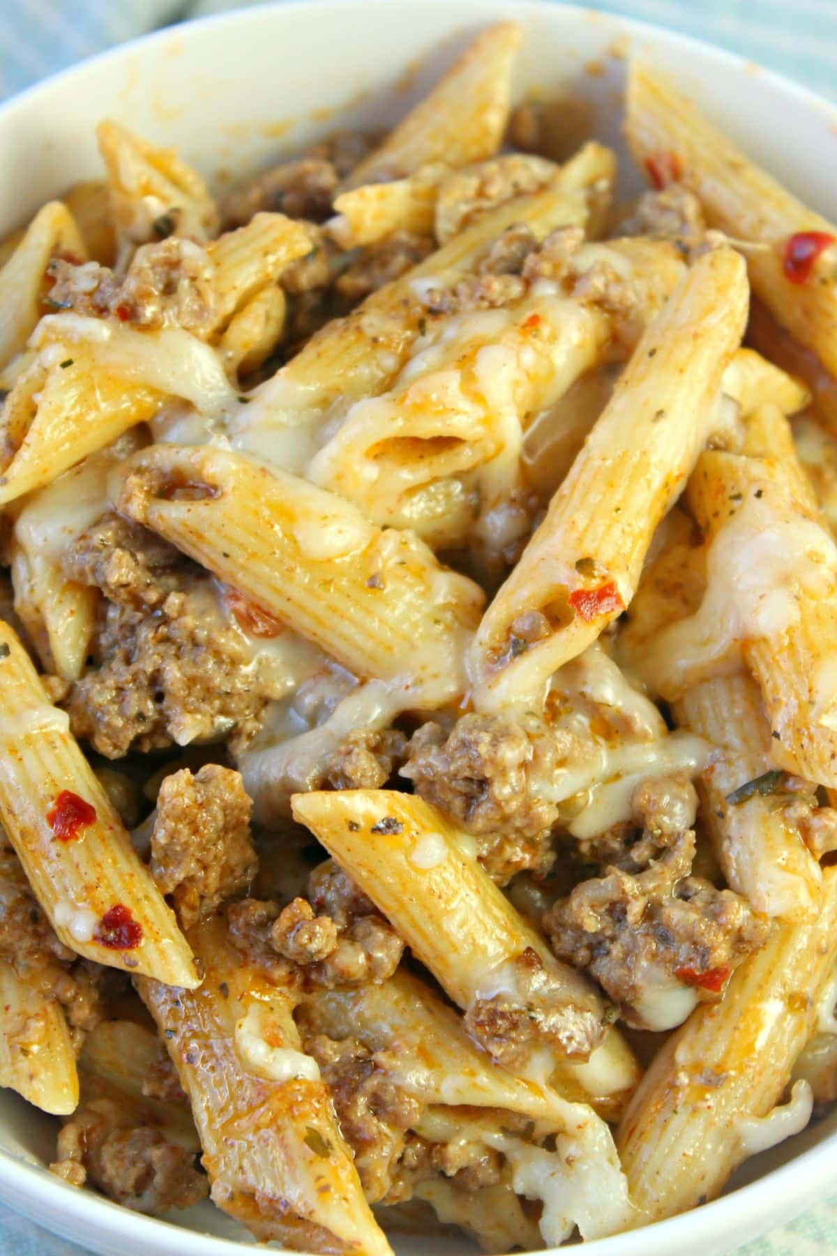 bowl full of cheesy ground beef pasta skillet.