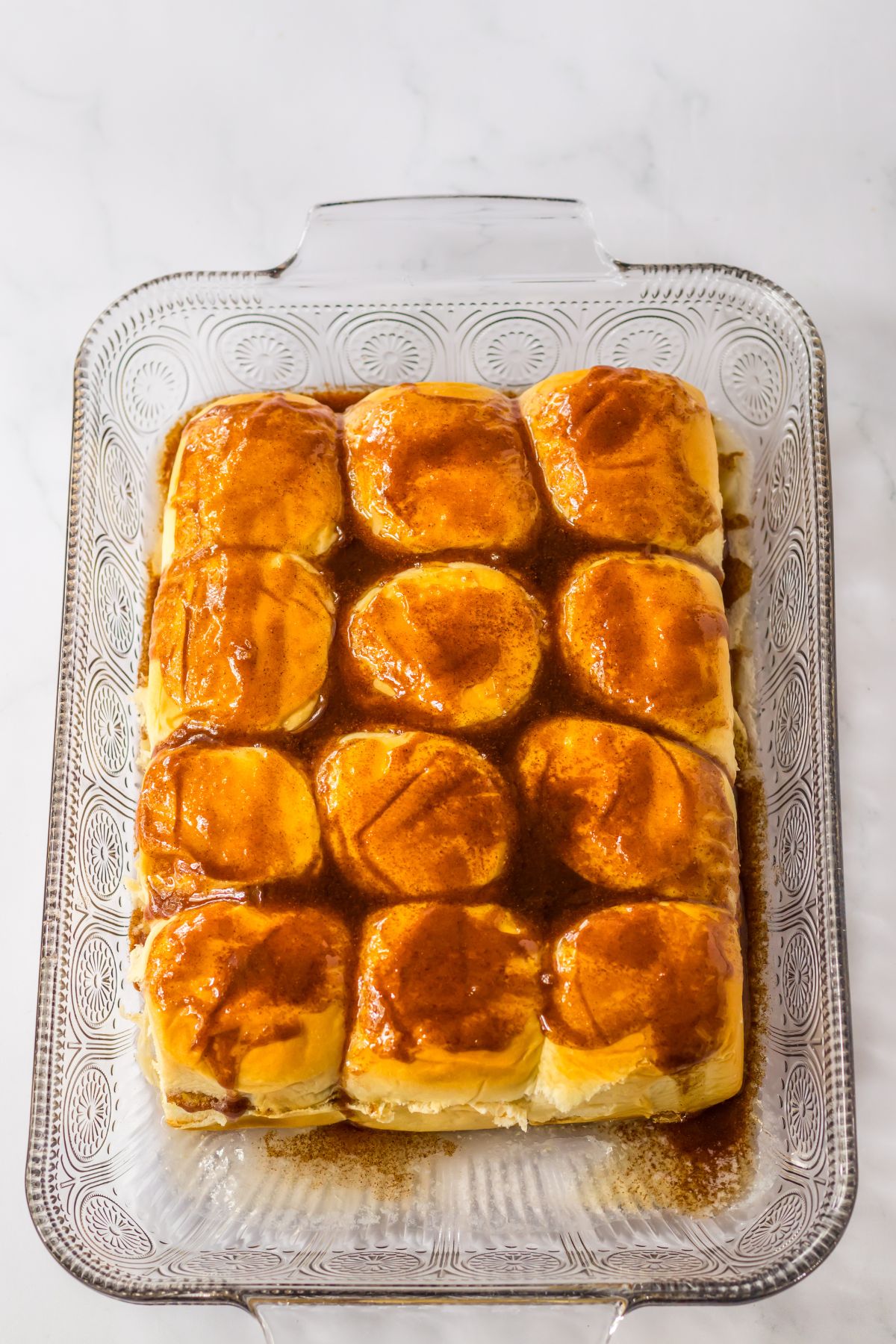 rolls in a baking dish ready for the oven.