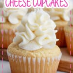 lemon cream cheese cupcakes on a wooden cutting board.