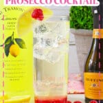 glass of limonello prosecco on a wooden cutting board topped with a slice of lemon.