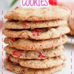 seven pecan rhubarb cookies stacked on a table.