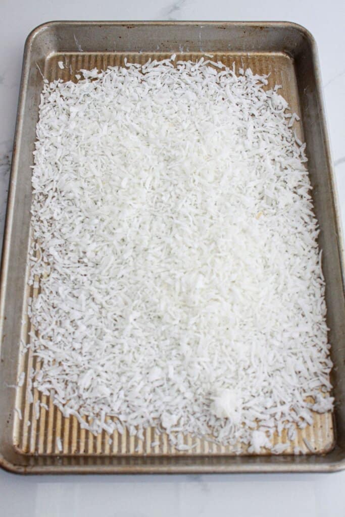 coconut on a baking sheet ready for the oven.