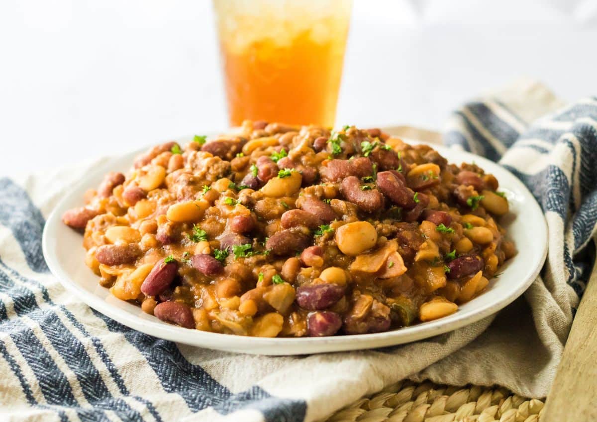 plate full of slow cooker cowboy beans.