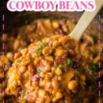 wooden spoon full of cowboy beans held above the slow cooker.