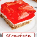 slice of strawberry pretzel salad on a plate.
