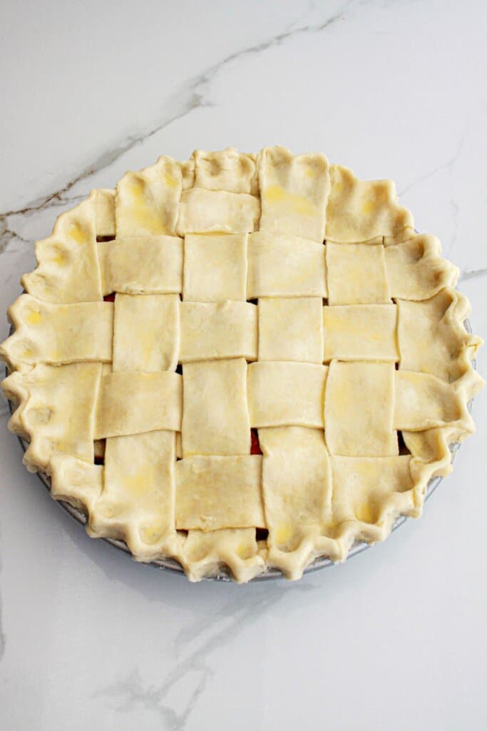 finished pie on the counter ready to go in the oven.