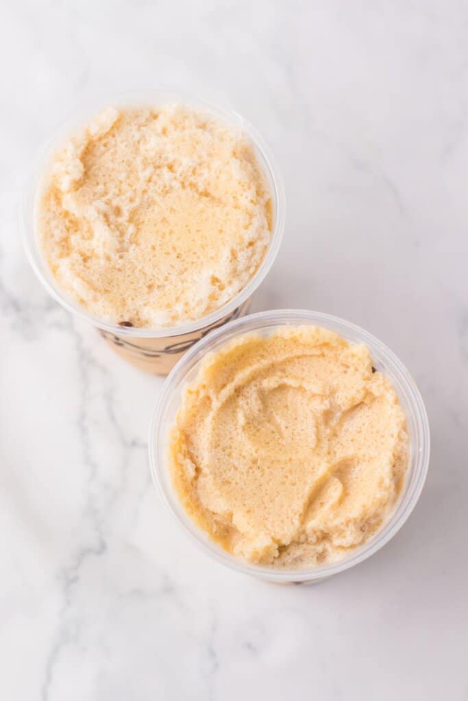 iced coffee mixture in cups on a counter.
