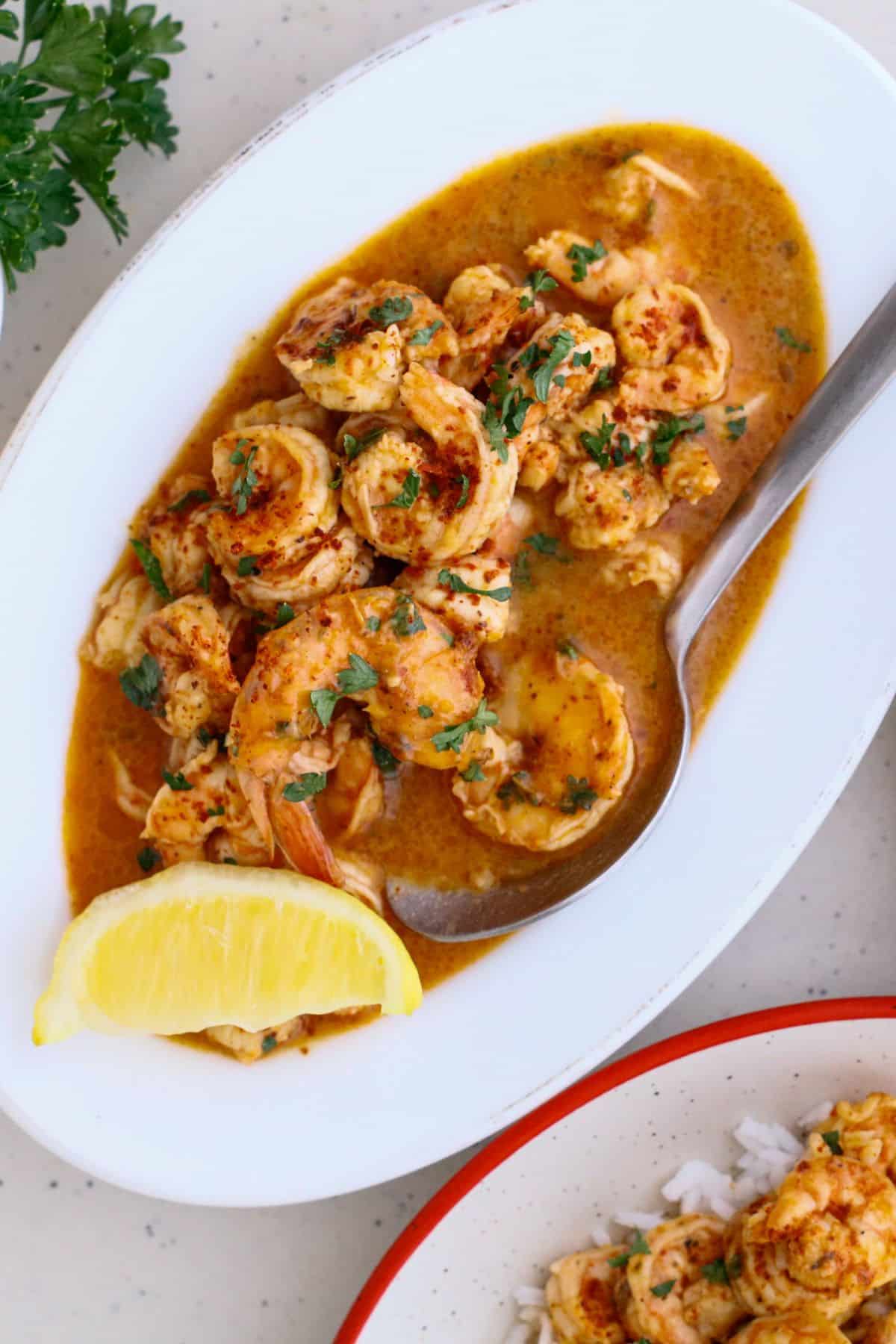 Finished platter of BBQ New Orleans Shrimp.