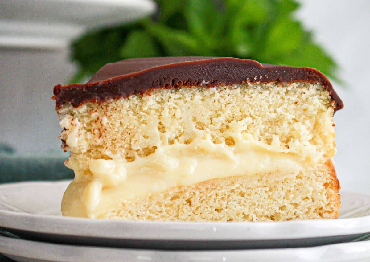 Slice of boston cream pie cake on a small plate.