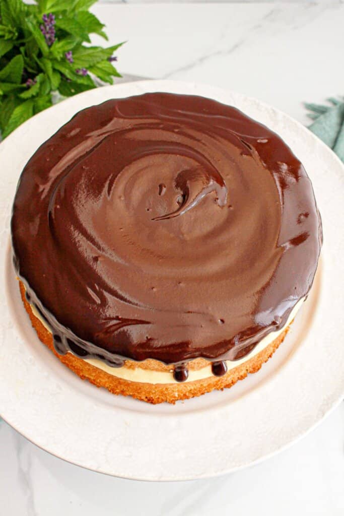 Full Boston cream pie cake on a cake plate ready to serve.
