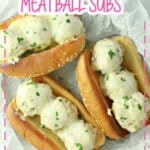 three chicken meatball subs on a parchment lined basket.