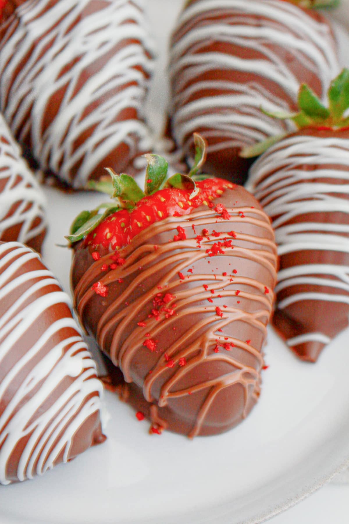 Six chocolate dipped strawberries on a plate.